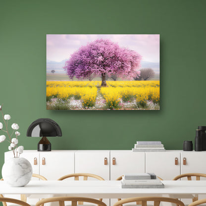 Bloeiende boom in kleurrijk bloemenveldposter