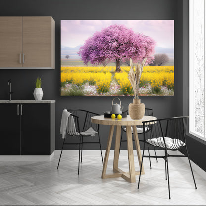 Bloeiende boom in kleurrijk bloemenveldposter