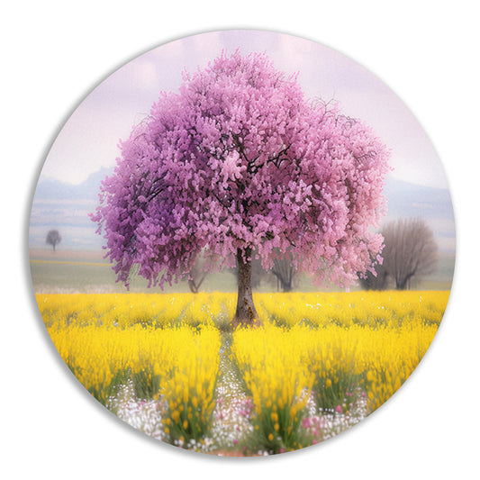Bloeiende boom in kleurrijk bloemenveld aluminium muurcirkel