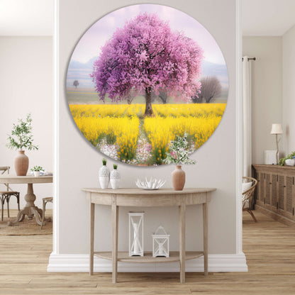 Bloeiende boom in kleurrijk bloemenveld aluminium muurcirkel