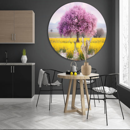 Bloeiende boom in kleurrijk bloemenveld aluminium muurcirkel