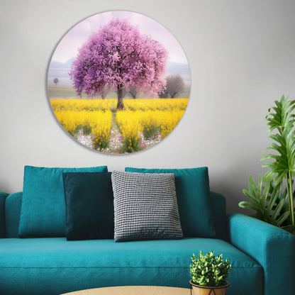 Bloeiende boom in kleurrijk bloemenveld aluminium muurcirkel