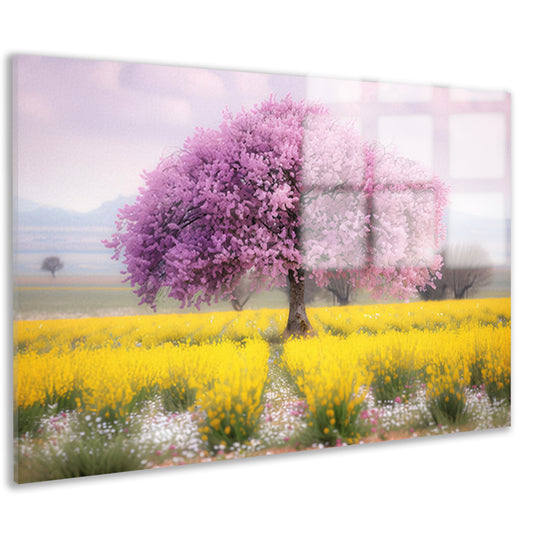 Bloeiende boom in kleurrijk bloemenveld acrylglas