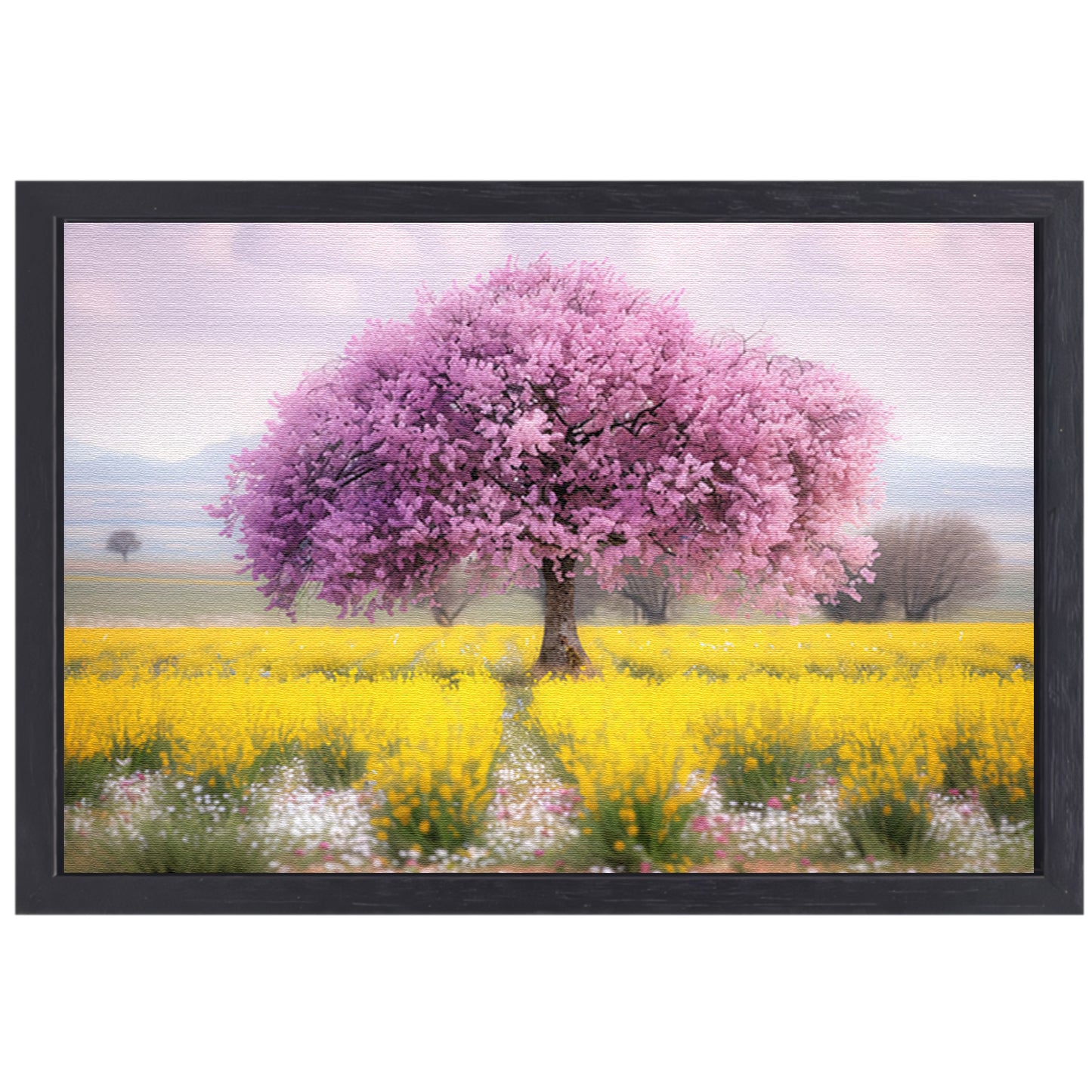 Bloeiende boom in kleurrijk bloemenveld canvas met baklijst