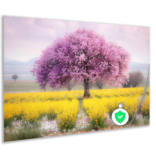 Bloeiende boom in kleurrijk bloemenveldposter