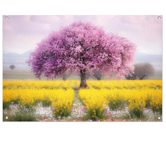 Bloeiende boom in kleurrijk bloemenveld tuinposter