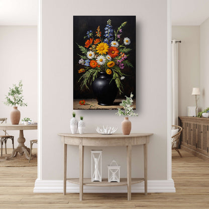 Kleurrijke Wildbloemen in Zwarte Antieke Vaas Acrylglas