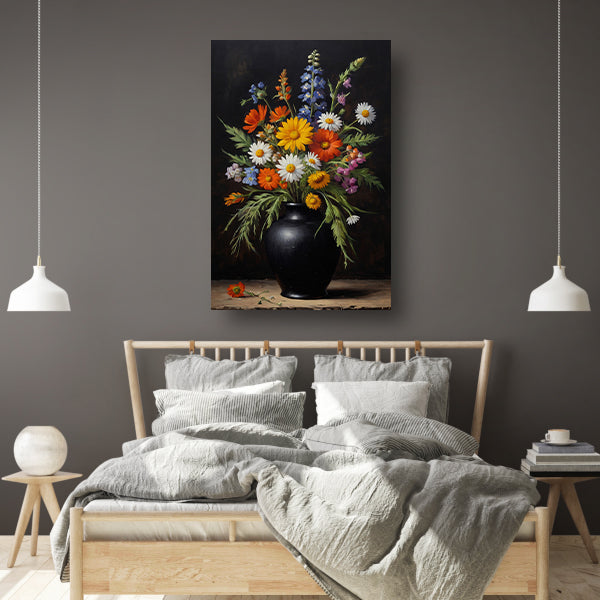 Kleurrijke Wildbloemen in Zwarte Antieke Vaas Acrylglas