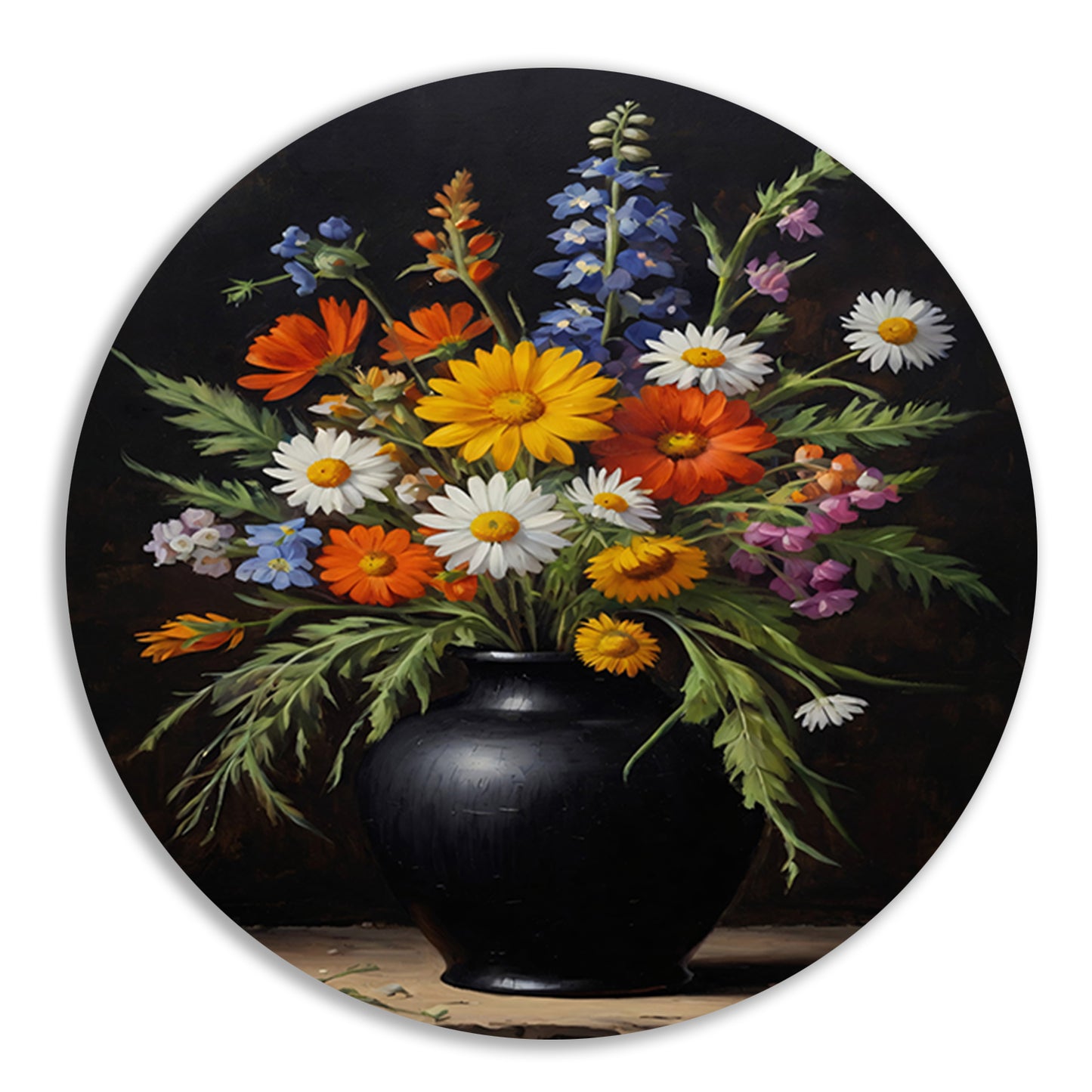 Kleurrijke Wildbloemen in Zwarte Antieke Vaas aluminium muurcirkel