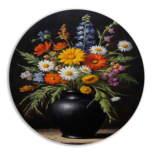 Kleurrijke Wildbloemen in Zwarte Antieke Vaas aluminium muurcirkel
