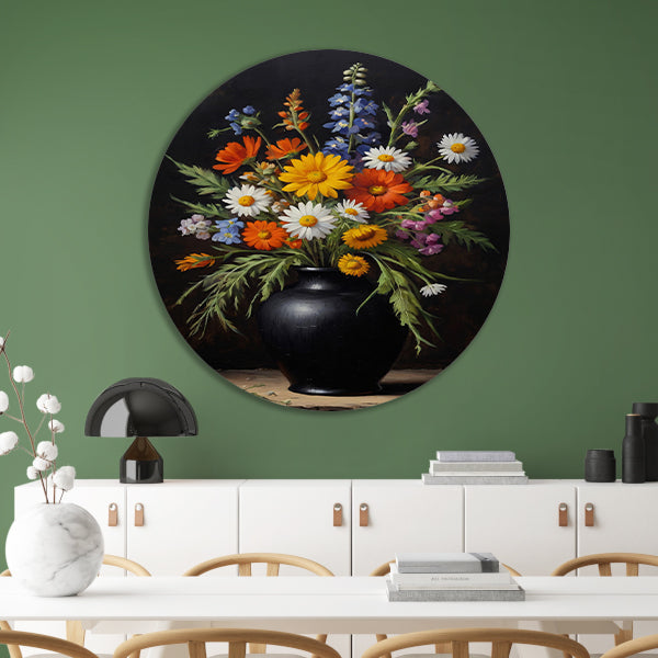 Kleurrijke Wildbloemen in Zwarte Antieke Vaas aluminium muurcirkel