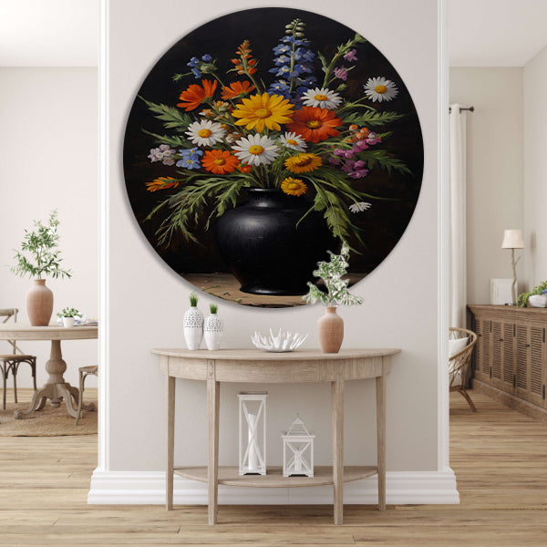Kleurrijke Wildbloemen in Zwarte Antieke Vaas aluminium muurcirkel