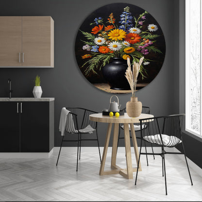 Kleurrijke Wildbloemen in Zwarte Antieke Vaas aluminium muurcirkel