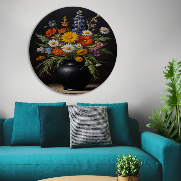 Kleurrijke Wildbloemen in Zwarte Antieke Vaas aluminium muurcirkel