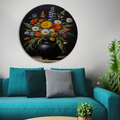Kleurrijke Wildbloemen in Zwarte Antieke Vaas aluminium muurcirkel