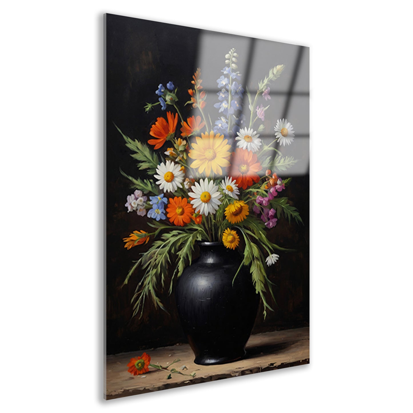 Kleurrijke Wildbloemen in Zwarte Antieke Vaas Acrylglas