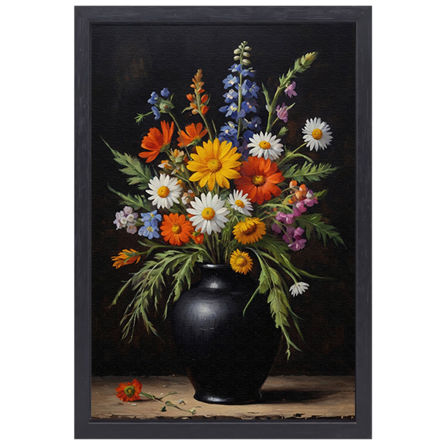 Kleurrijke Wildbloemen in Zwarte Antieke Vaas canvas met baklijst