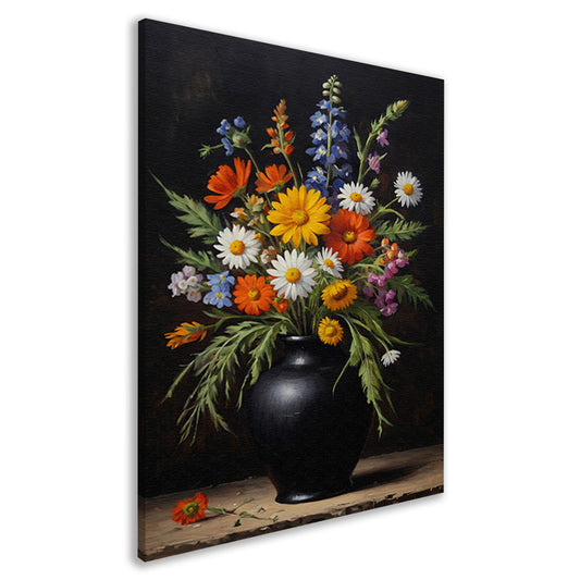 Kleurrijke Wildbloemen in Zwarte Antieke Vaas canvas