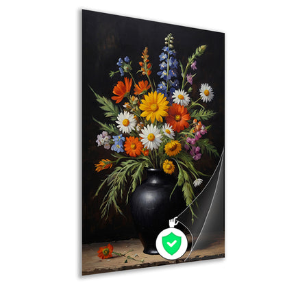 Kleurrijke Wildbloemen in Zwarte Antieke Vaas poster