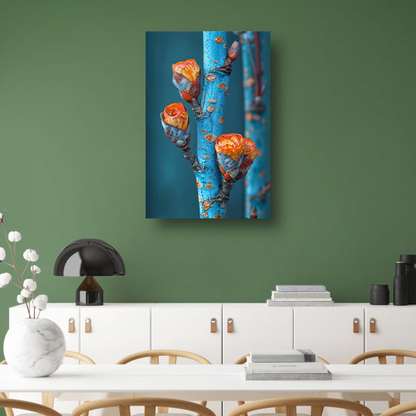 Oranje Bloemen op Blauwe Tak canvas
