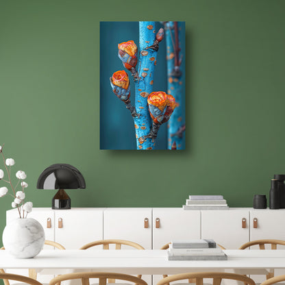 Oranje Bloemen op Blauwe Tak canvas