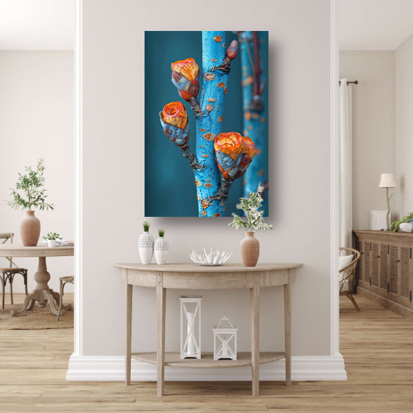 Oranje Bloemen op Blauwe Tak canvas