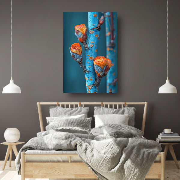 Oranje Bloemen op Blauwe Tak canvas