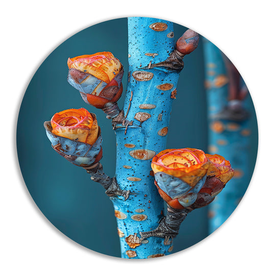 Oranje Bloemen op Blauwe Tak aluminium muurcirkel