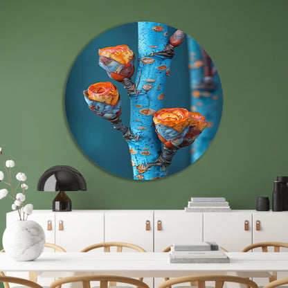 Oranje Bloemen op Blauwe Tak aluminium muurcirkel