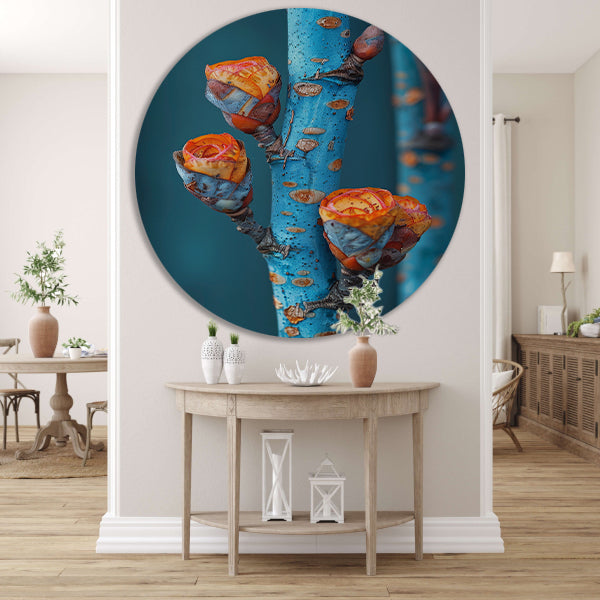 Oranje Bloemen op Blauwe Tak aluminium muurcirkel