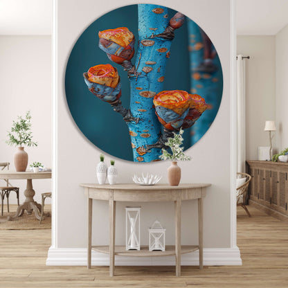 Oranje Bloemen op Blauwe Tak aluminium muurcirkel