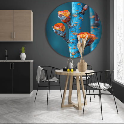 Oranje Bloemen op Blauwe Tak aluminium muurcirkel