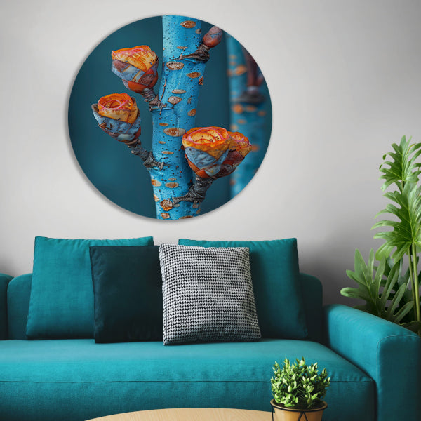 Oranje Bloemen op Blauwe Tak aluminium muurcirkel