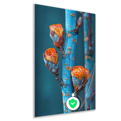 Oranje Bloemen op Blauwe Tak poster