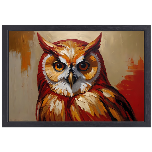 Impressionistische Uil in Goud en Roodtinten canvas met baklijst