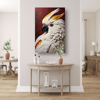 Kakatoe met Rode Ogen en Gele Kuif canvas met baklijst