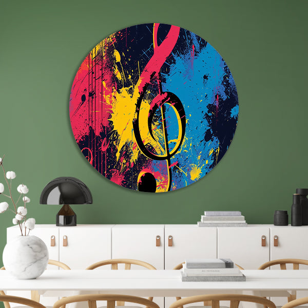 Abstracte muzieksleutel met kleurrijke spetters   aluminium muurcirkel