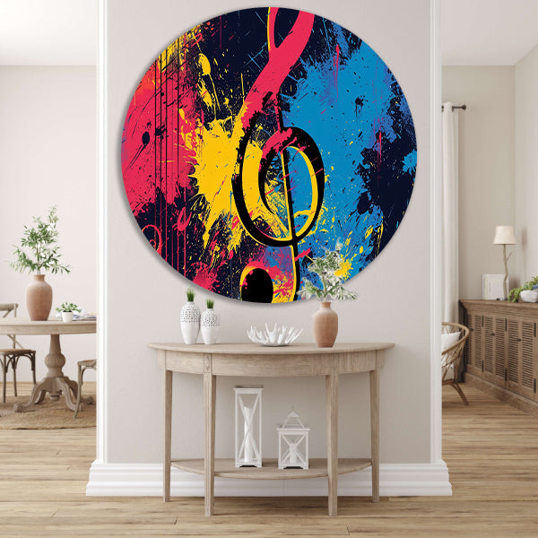 Abstracte muzieksleutel met kleurrijke spetters   aluminium muurcirkel