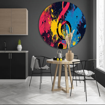 Abstracte muzieksleutel met kleurrijke spetters   aluminium muurcirkel