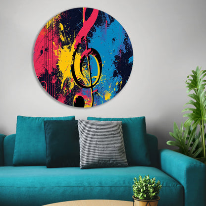 Abstracte muzieksleutel met kleurrijke spetters   aluminium muurcirkel