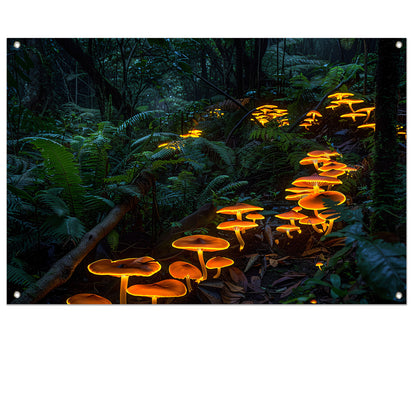 Glowing paddenstoelen in mystiek boslandschap tuinposter