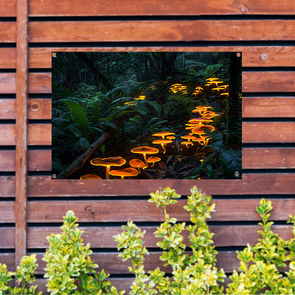 Glowing paddenstoelen in mystiek boslandschap tuinposter