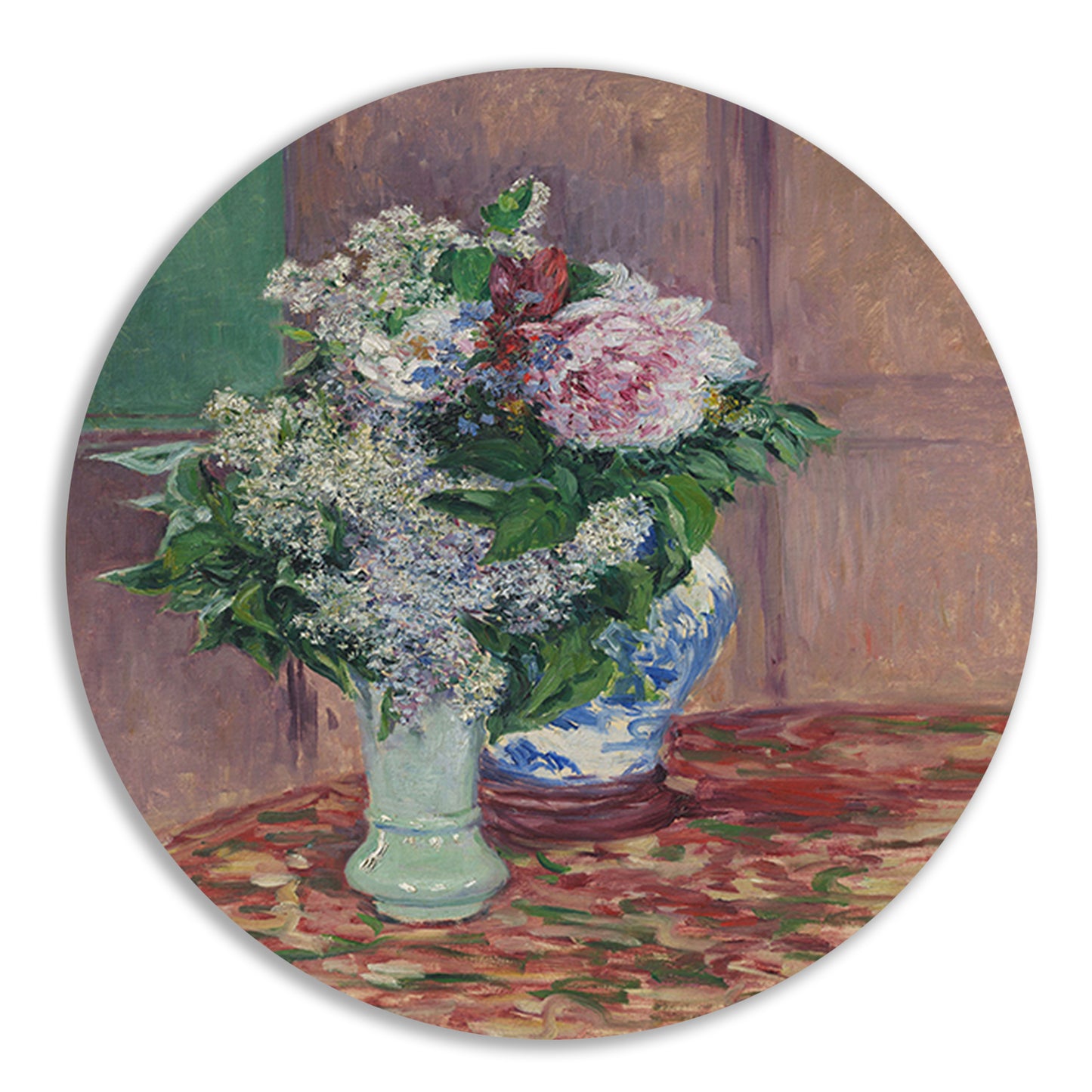 Seringen en pioenrozen in twee vazen - Gustave Caillebotte aluminium muurcirkel
