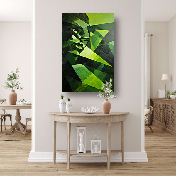 Modern kubistisch gezicht in groen tinten canvas met baklijst