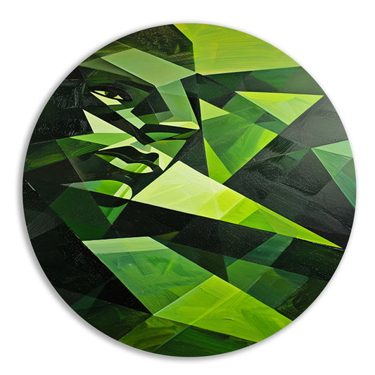 Modern kubistisch gezicht in groen tinten aluminium muurcirkel