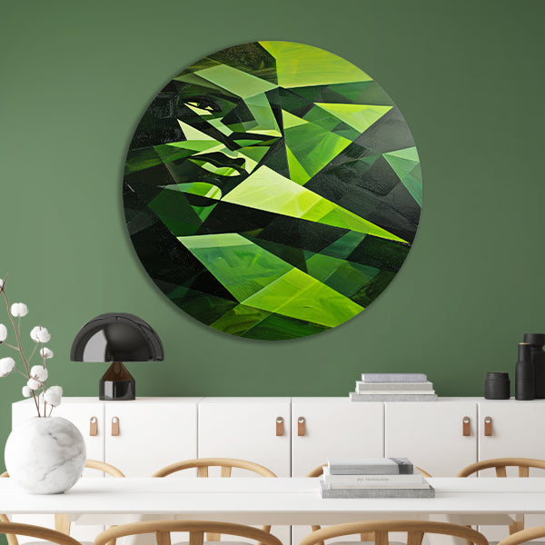 Modern kubistisch gezicht in groen tinten aluminium muurcirkel
