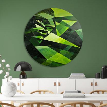 Modern kubistisch gezicht in groen tinten aluminium muurcirkel
