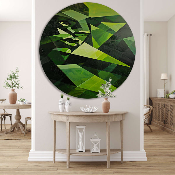 Modern kubistisch gezicht in groen tinten aluminium muurcirkel