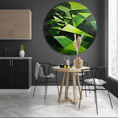 Modern kubistisch gezicht in groen tinten aluminium muurcirkel