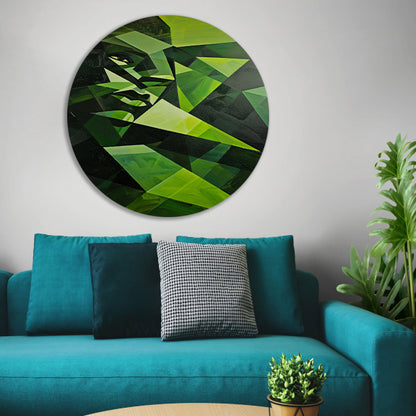Modern kubistisch gezicht in groen tinten aluminium muurcirkel